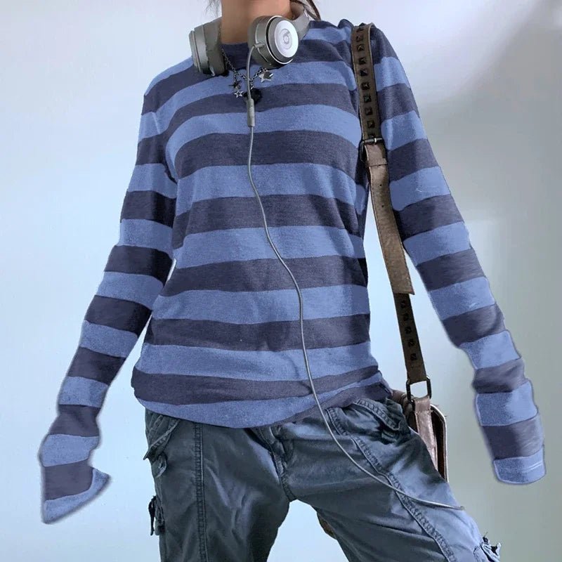 Y2K Baggy Striped Long Sleeve Shirt – Oversized Streetwear - SAGGIN DREAMS