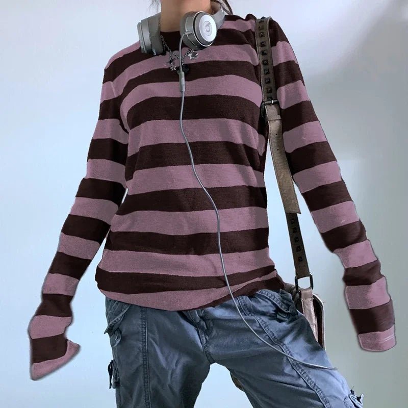 Y2K Baggy Striped Long Sleeve Shirt – Oversized Streetwear - SAGGIN DREAMS