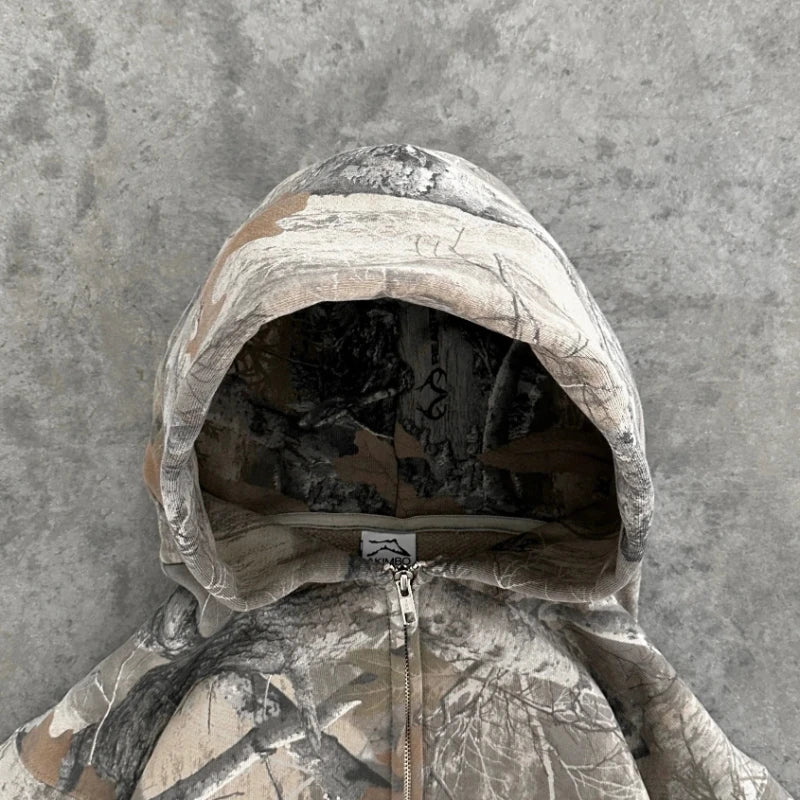 Y2K Zip Up Hoodie – Camo & Denim Streetwear Jacket - SAGGIN DREAMS