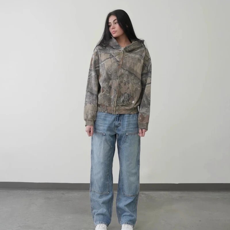 Y2K Zip Up Hoodie – Camo & Denim Streetwear Jacket - SAGGIN DREAMS