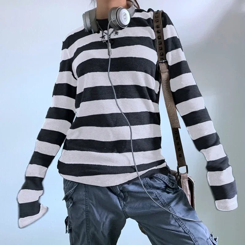 Y2K Baggy Striped Long Sleeve Shirt – Oversized Streetwear - SAGGIN DREAMS