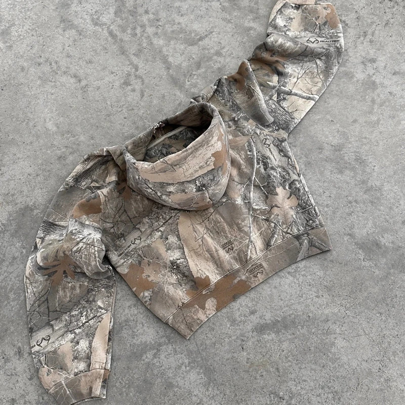 Y2K Zip Up Hoodie – Camo & Denim Streetwear Jacket - SAGGIN DREAMS
