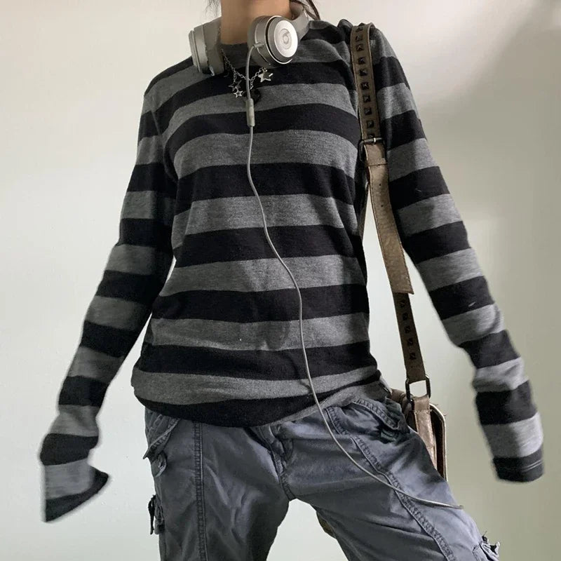 Y2K Baggy Striped Long Sleeve Shirt – Oversized Streetwear - SAGGIN DREAMS