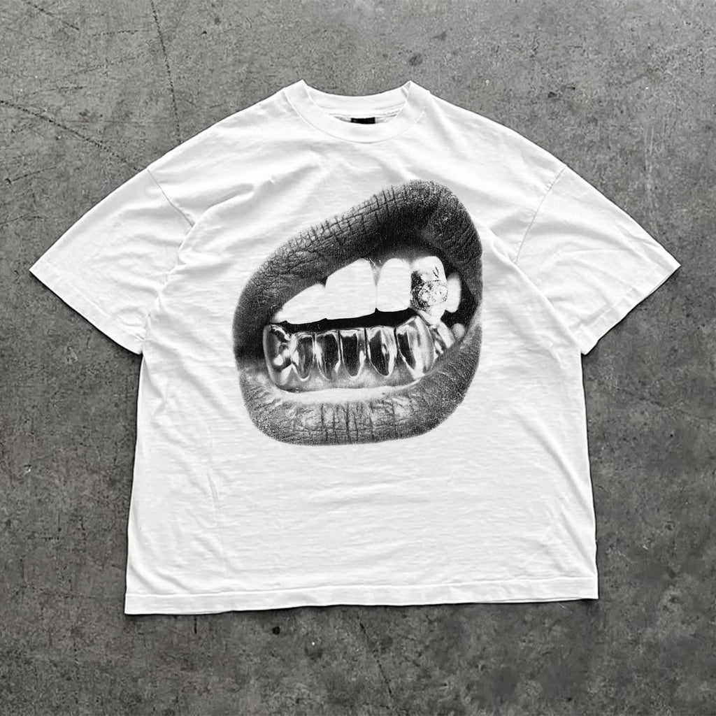 Big Lips Grillz Graphic Tee – Y2K Streetwear - SAGGIN DREAMS