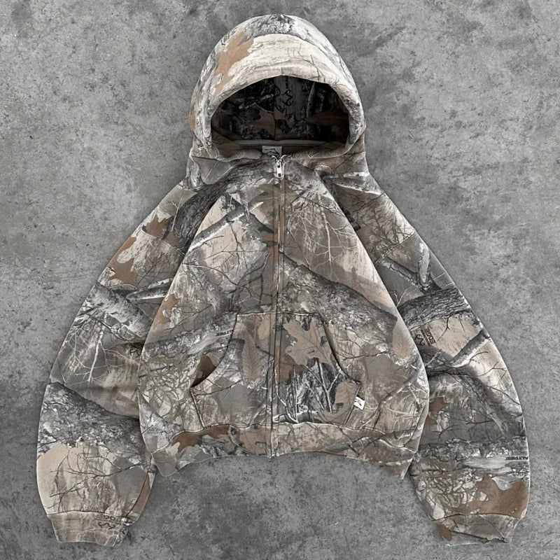 Y2K Zip Up Hoodie – Camo & Denim Streetwear Jacket - SAGGIN DREAMS
