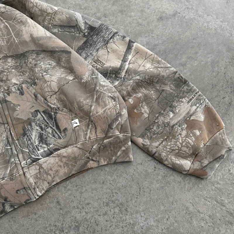 Y2K Zip Up Hoodie – Camo & Denim Streetwear Jacket - SAGGIN DREAMS